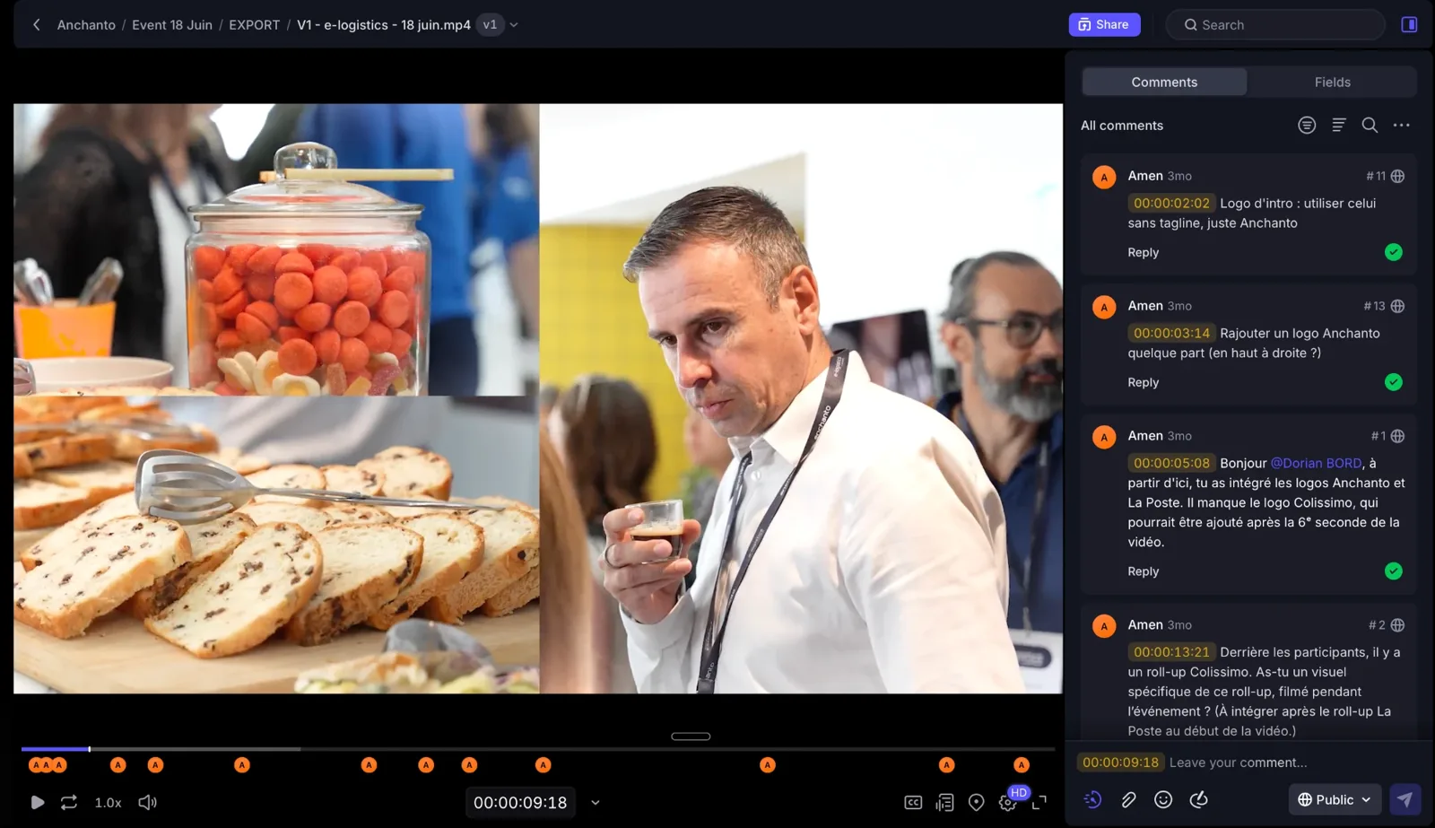 Relecture d'une vidéo sur Frame.io : commentaires du client placés directement sur la timeline