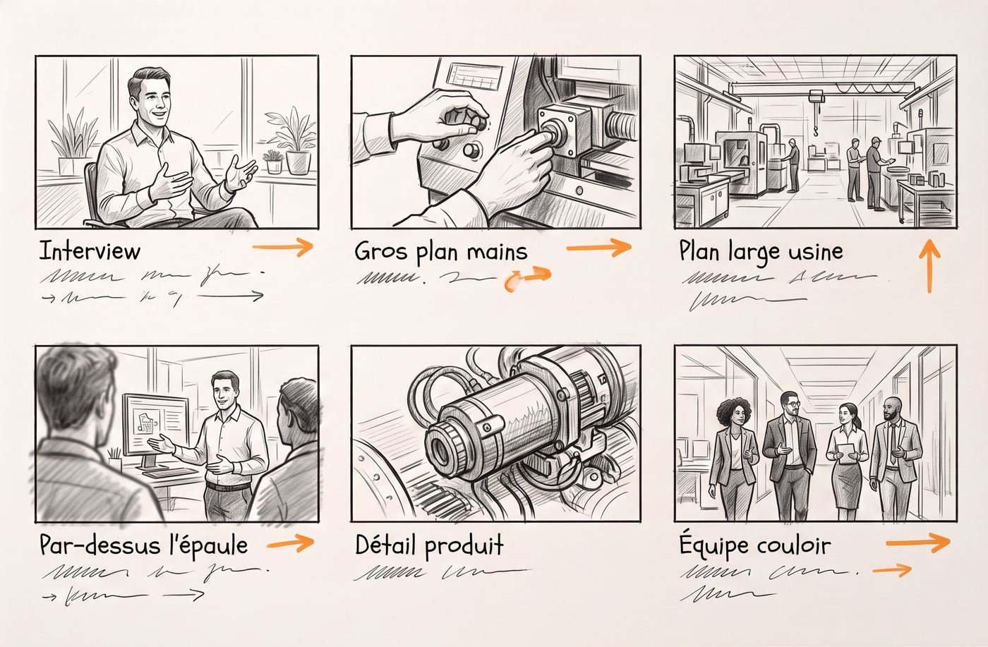 Storyboard dessiné à la main : interview, gros plan mains, plan large usine, détail produit